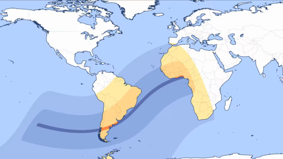 Miltä näyttävä rengasmainen auringonpimennys näyttää? Se muodostaa tulisen renkaan ja on näkyvissä Patagoniassa Atlantin rannikolle asti.